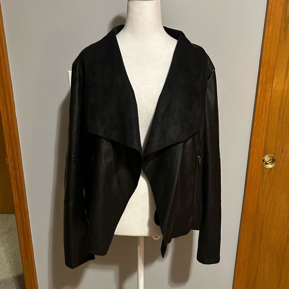 Bagatelle Collection Black Faux Leather Open‎ Front Drape Jacket XL Vegan Suede